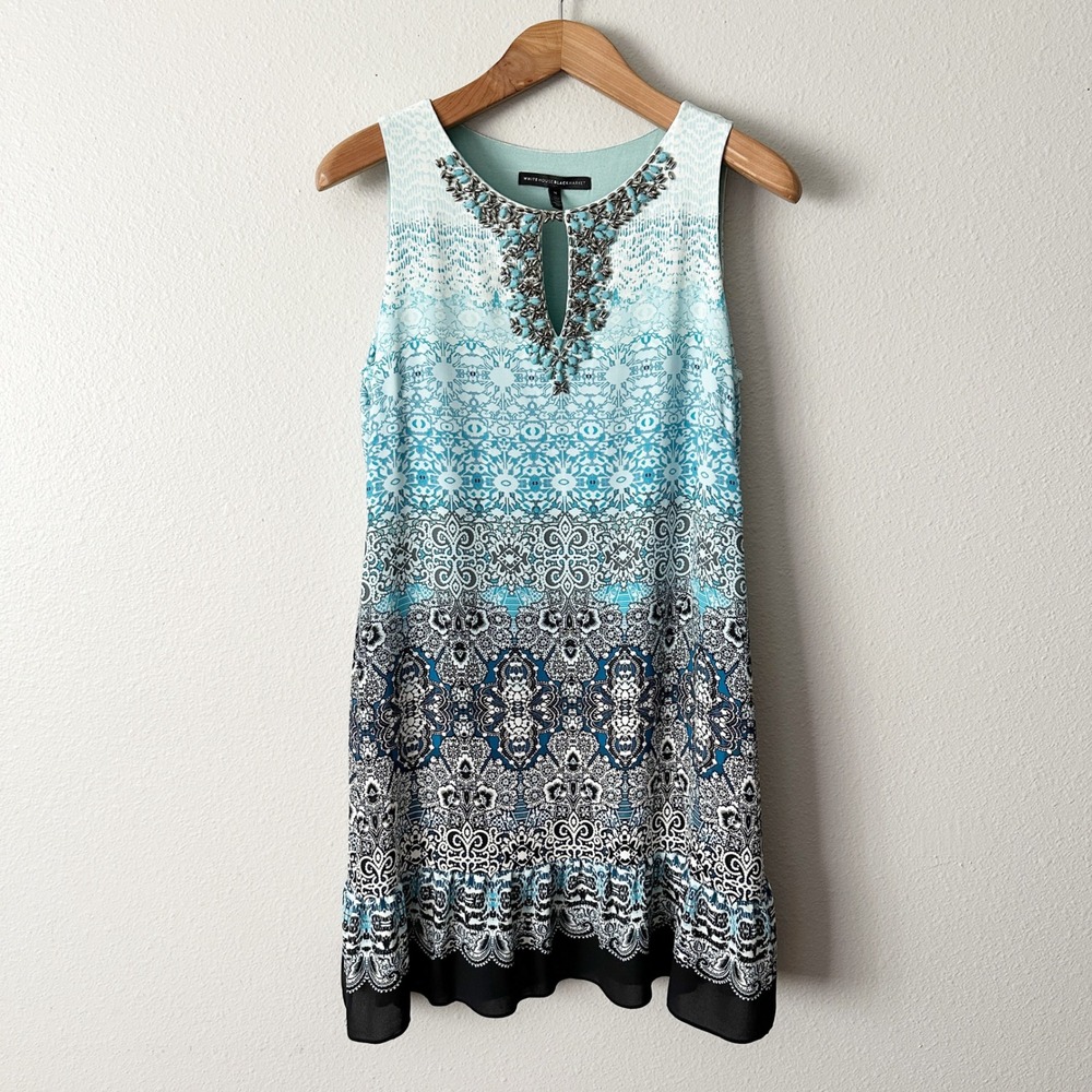 WHBM‎ Mediterranean Print Blue Ombre Sleeveless Beaded Dress women's ize medium